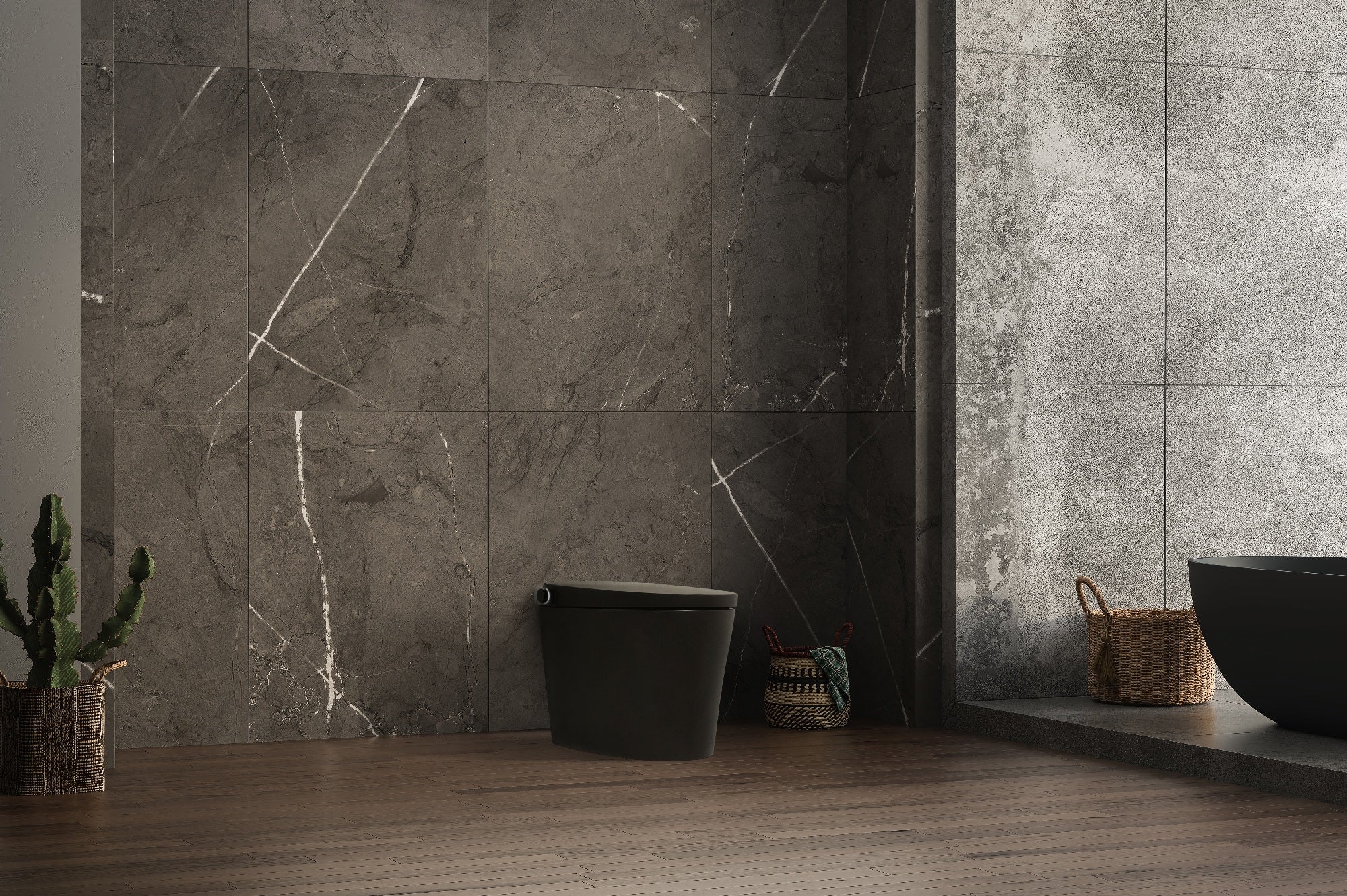 ALIA AG-ST1000 Smart Toilet matte black in Bathroom with dark grey tiles, a black bathtub, and a cactus plant.