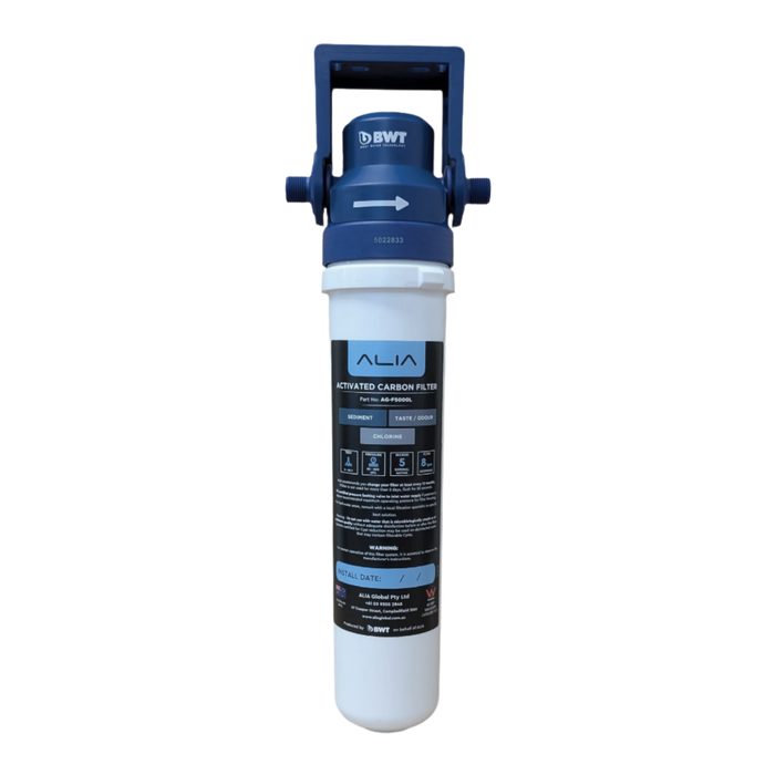 F5000L Water Filter Cartridge | Premium Tap Water Filtration – X51 Intelligent Dispenser by Alia Global. Activated carbon filter with blue top and white body on a white background
