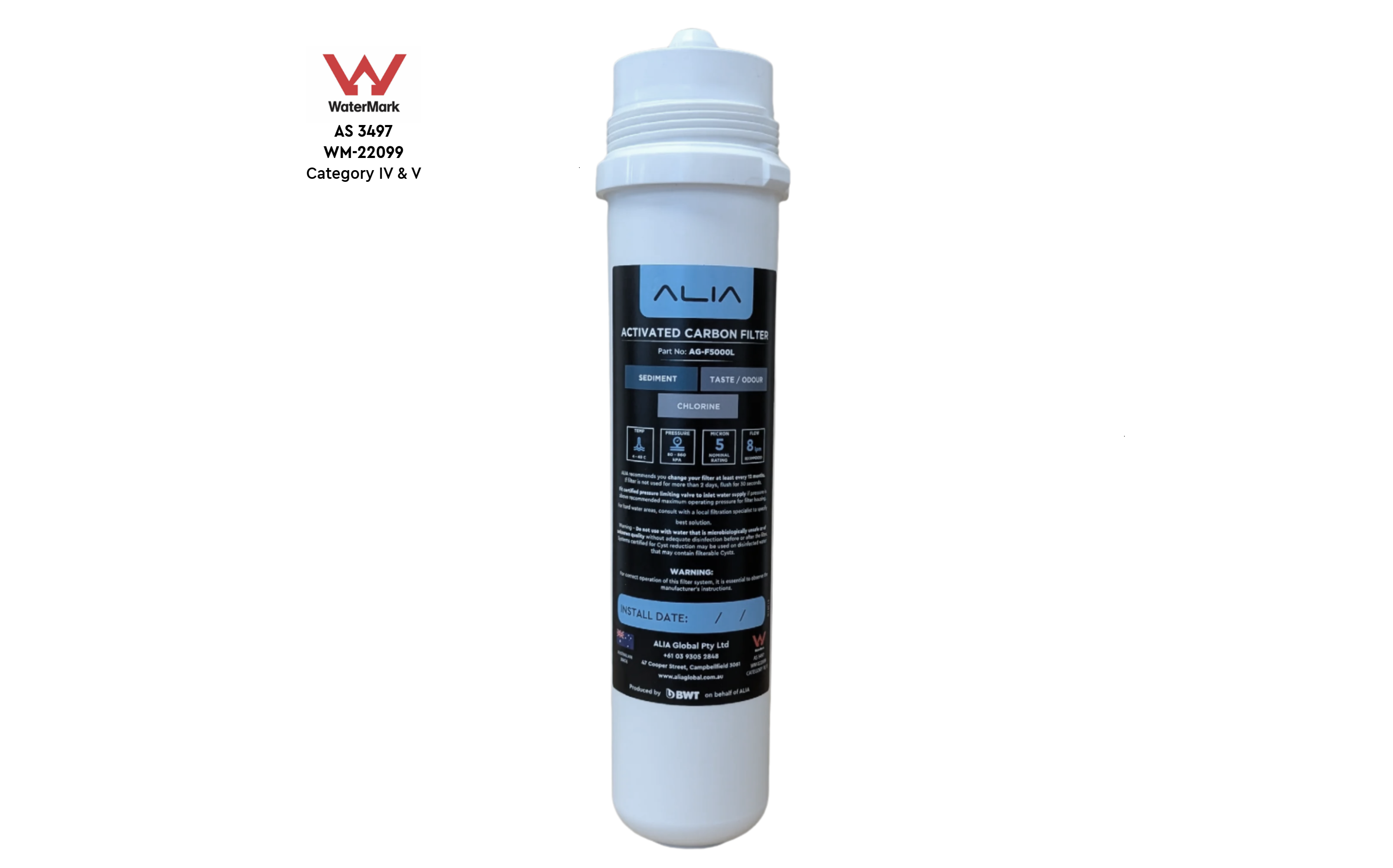 Multi-stage water filter cartridge for Alia under-sink and kitchen tap systems, designed to reduce chlorine, heavy metals, and impurities for improved water taste and clarity; ideal for Australian filtered water taps.
