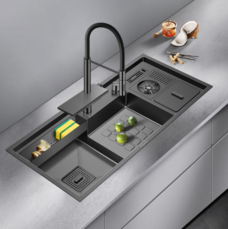 ALIA Smart Sink set in a contemporary, upgraded kitchen, emphasizing the PVD finish, dual sinks, innovative accessories, and streamlined user experience.