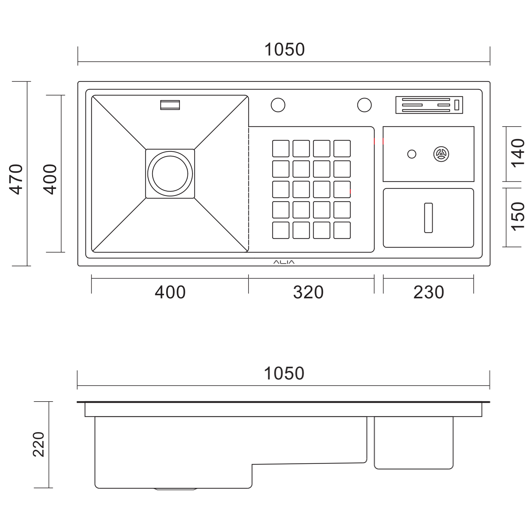 Technical drawing of the ALIA Smart Sink displaying precise dimensions and specifications, suitable for custom installations and made from 3mm premium stainless steel.