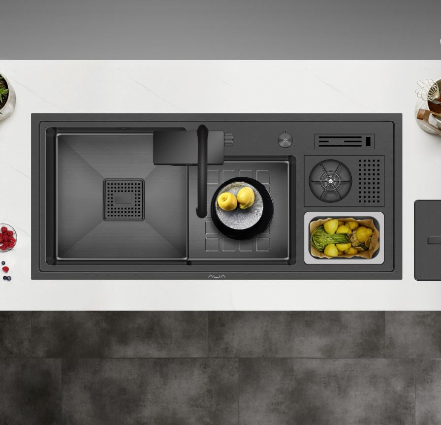 Custom ALIA Smart Sink in a contemporary kitchen setting, featuring laser-cut, hand-welded 3mm stainless steel, dual sink spaces, and advanced accessories for an innovative culinary experience.