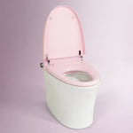Detail shot of pink Alia smart bidet toilet, focusing on bidet sprayer, buttons, and premium seat for advanced cleanliness and comfort. Toilet with pink seat on a light pink background