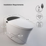 Technical drawing specification of Alia Smart Toilet with integrated bidet, illustrating dimensions and installation details for bathroom planning.