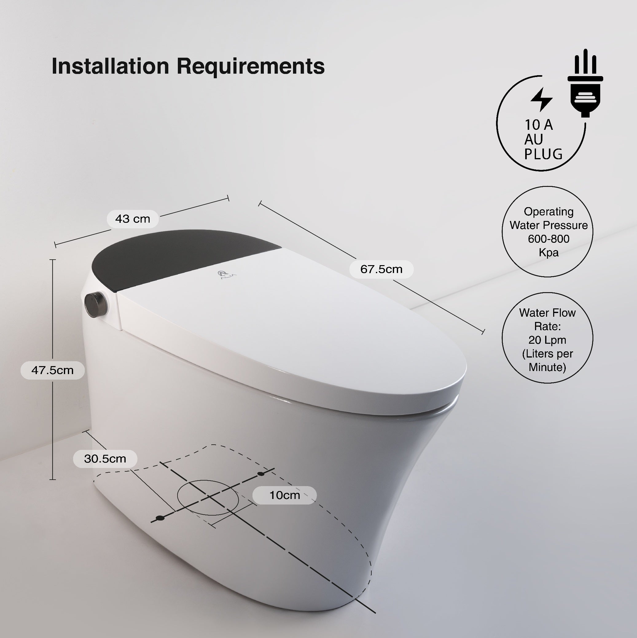 Technical drawing specification of Alia Smart Toilet with integrated bidet, illustrating dimensions and installation details for bathroom planning.