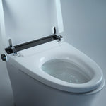 Close-up of Alia integrated bidet smart toilet in white, displaying nozzle, control panel, and soft-close seat for ultimate convenience and bathroom hygiene.