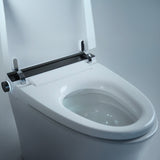 Close-up of Alia integrated bidet smart toilet in white, displaying nozzle, control panel, and soft-close seat for ultimate convenience and bathroom hygiene.