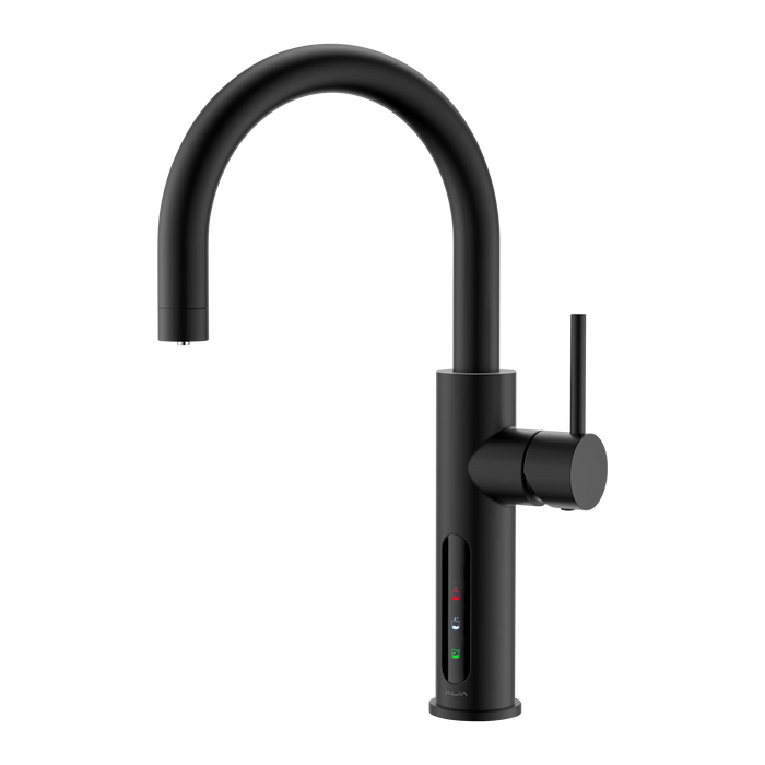 Alia X51 instant hot, cold, and sparkling filtered water tap in matte black on a transparent background, offering a sleek and modern option for kitchen water filtration.