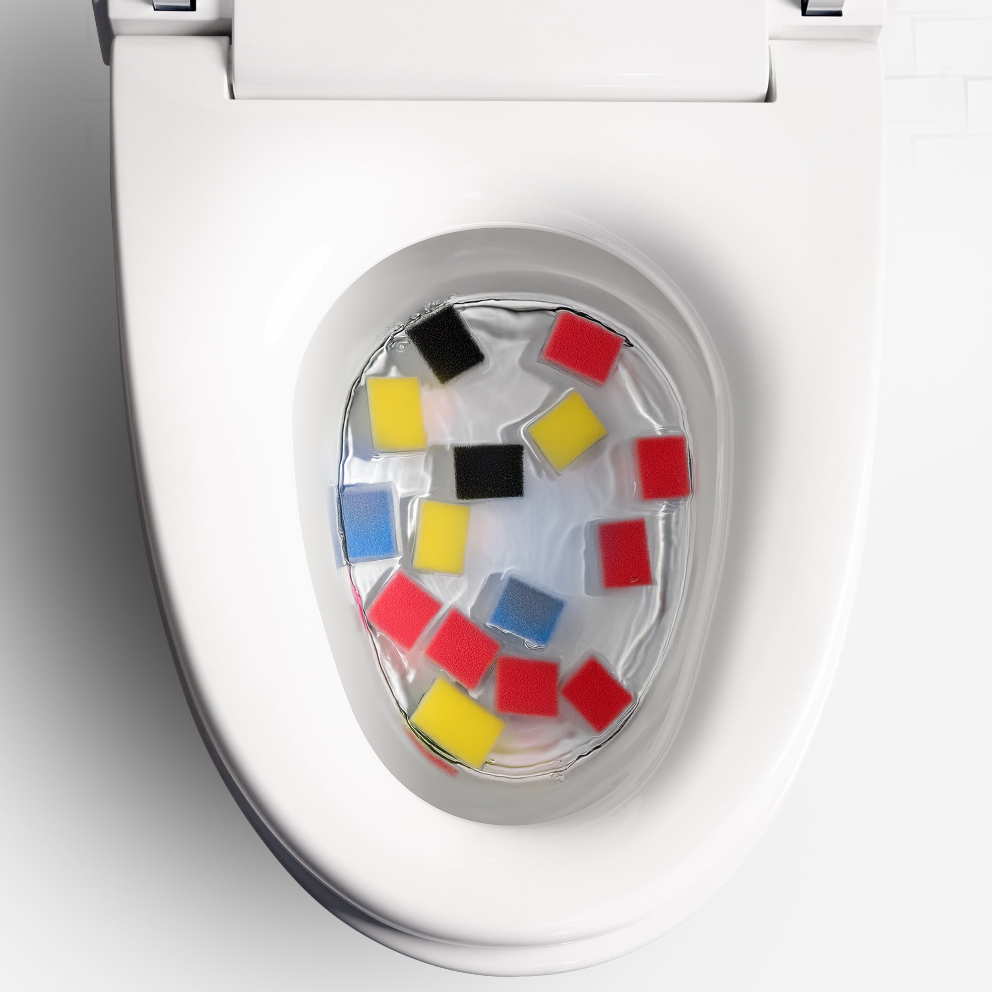 White ALIA AG-ST1000 smart toilet and integrated bidet shown passing a flush test with a sponge block, verifying robust flush technology.