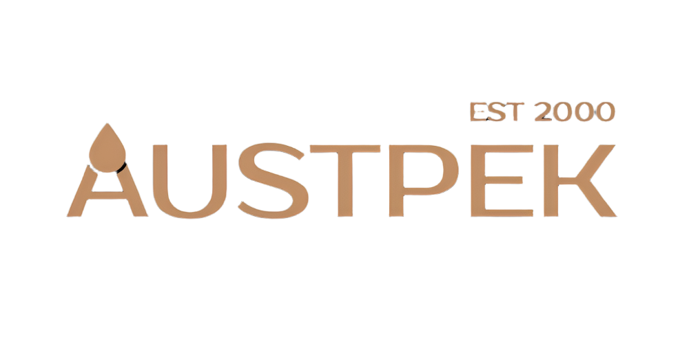 Austpek logo with 'EST 2000' on a black background