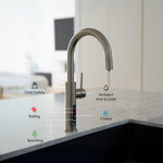 Modern Alia X51 Hot, cold and sparkling water tap - kitchen faucet with Hot, cold, sparkling, child safety and Ambient function icons - on a marble countertop