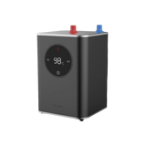 Alia Bollente electronic device with digital display and control buttons on a black background, capable of producing instant 98 degree Celsius hot water.