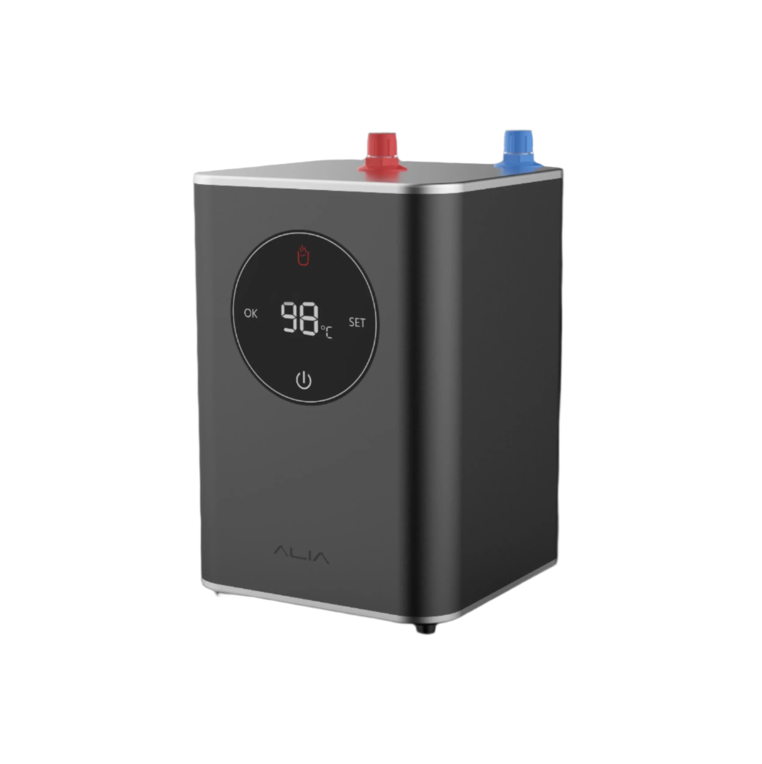 Alia Bollente electronic device with digital display and control buttons on a black background, capable of producing instant 98 degree Celsius hot water.