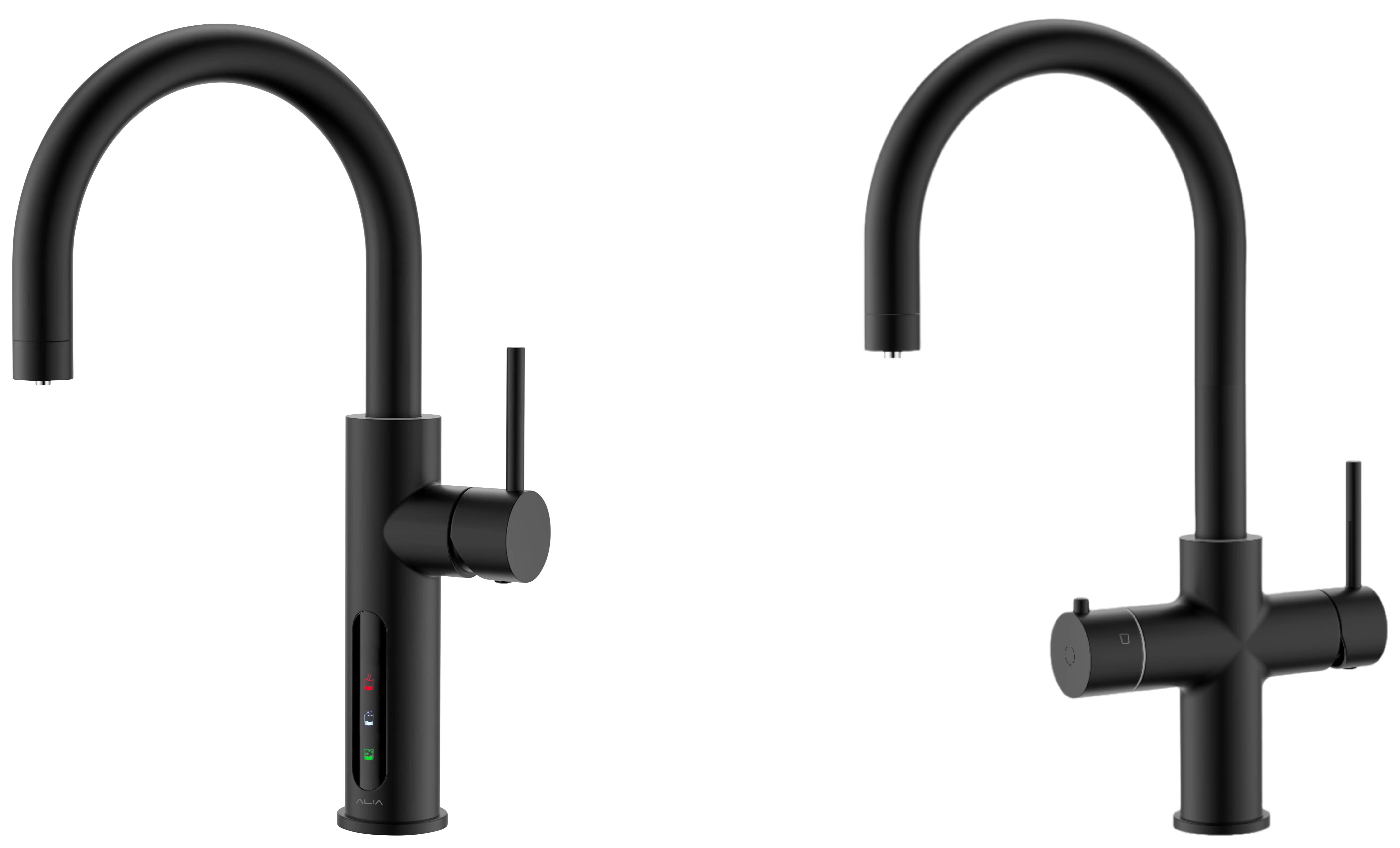Transparent image showing Alia X51 and 4-in-1 filtered tap water dispensers, featuring instant hot, cold, and sparkling water options from the Alia Global filtered tap range. Perfect for modern kitchens seeking advanced water filtration and dispensing solutions.
