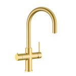 Alia Global 4-in-1 instant hot filtered water tap in brushed gold variant on a transparent background, ideal for filtered water dispensing with instant hot water functionality.