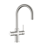Alia Global 4-in-1 instant hot filtered water tap in brushed nickel on a transparent background, showcasing a premium water dispenser with instant boiling feature and child safety lock.