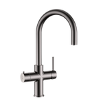 Alia Global 4-in-1 instant hot filtered water tap shown in gunmetal grey on a transparent background, designed for premium filtered and instant boiling water supply.