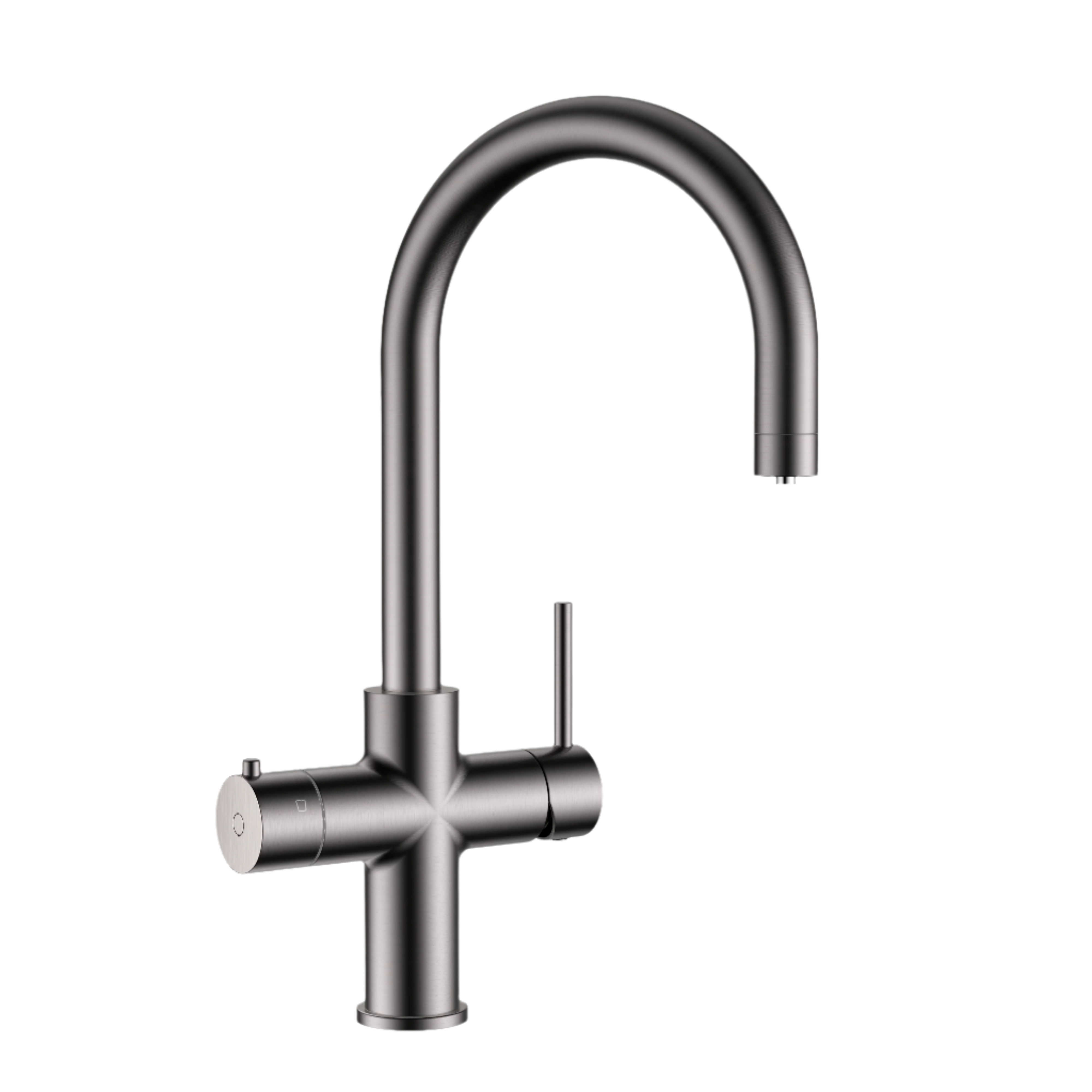 Alia Global 4-in-1 instant hot filtered water tap shown in gunmetal grey on a transparent background, designed for premium filtered and instant boiling water supply.