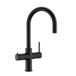 Alia Global 4-in-1 instant hot filtered water tap in matte black finish displayed on a transparent background, emphasizing the multifunctional water dispenser for kitchens.