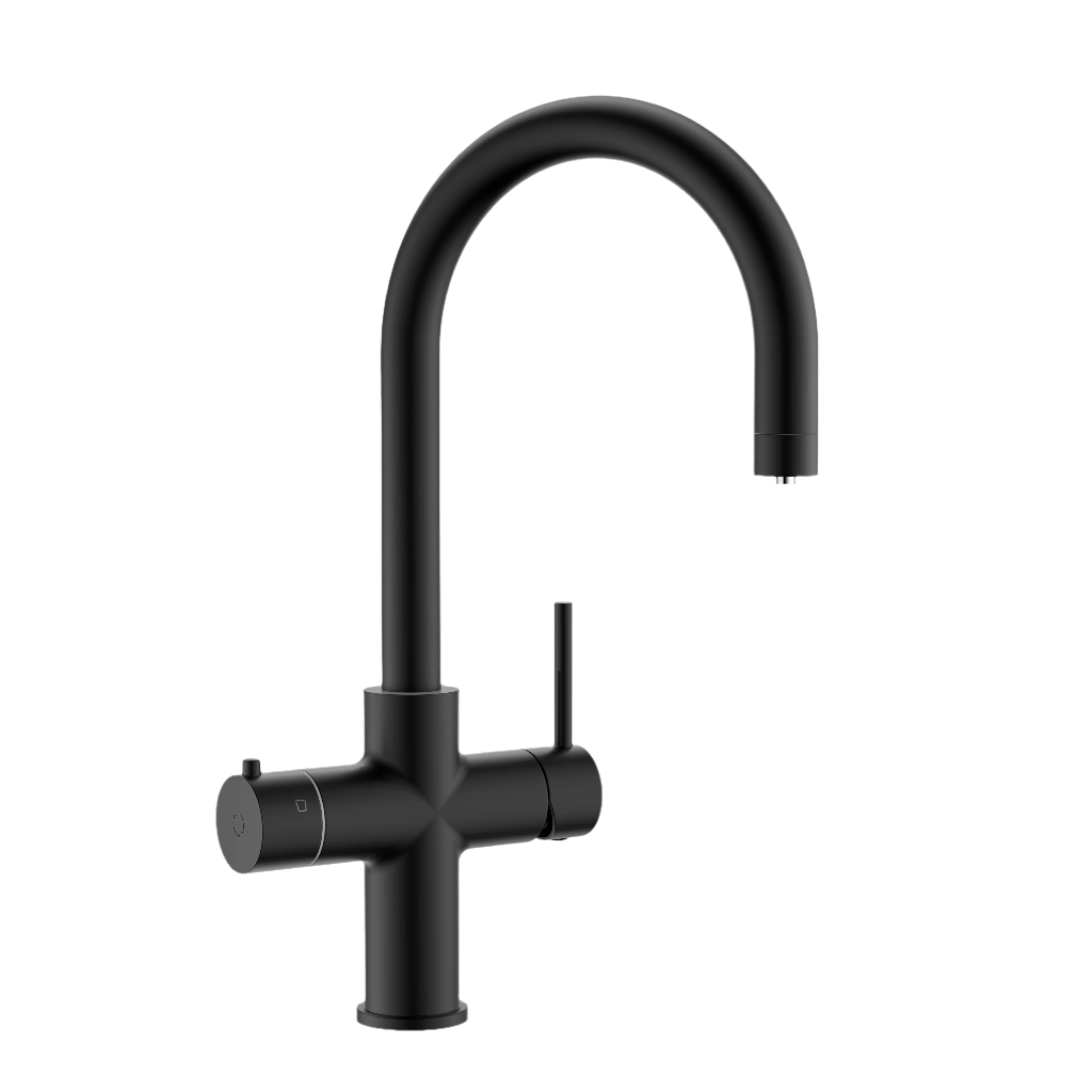 Alia Global 4-in-1 instant hot filtered water tap in matte black finish displayed on a transparent background, emphasizing the multifunctional water dispenser for kitchens.