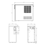 Technical drawing specification of the Alia Chilled Stream chilled water system featuring detailed dimensions and installation guide for under-sink filtered cold water dispenser.