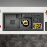 Custom ALIA Smart Sink in a contemporary kitchen setting, featuring laser-cut, hand-welded 3mm stainless steel, dual sink spaces, and advanced accessories for an innovative culinary experience.