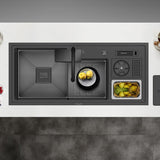 Custom ALIA Smart Sink in a contemporary kitchen setting, featuring laser-cut, hand-welded 3mm stainless steel, dual sink spaces, and advanced accessories for an innovative culinary experience.