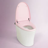 Detail shot of pink Alia smart bidet toilet, focusing on bidet sprayer, buttons, and premium seat for advanced cleanliness and comfort. Toilet with pink seat on a light pink background