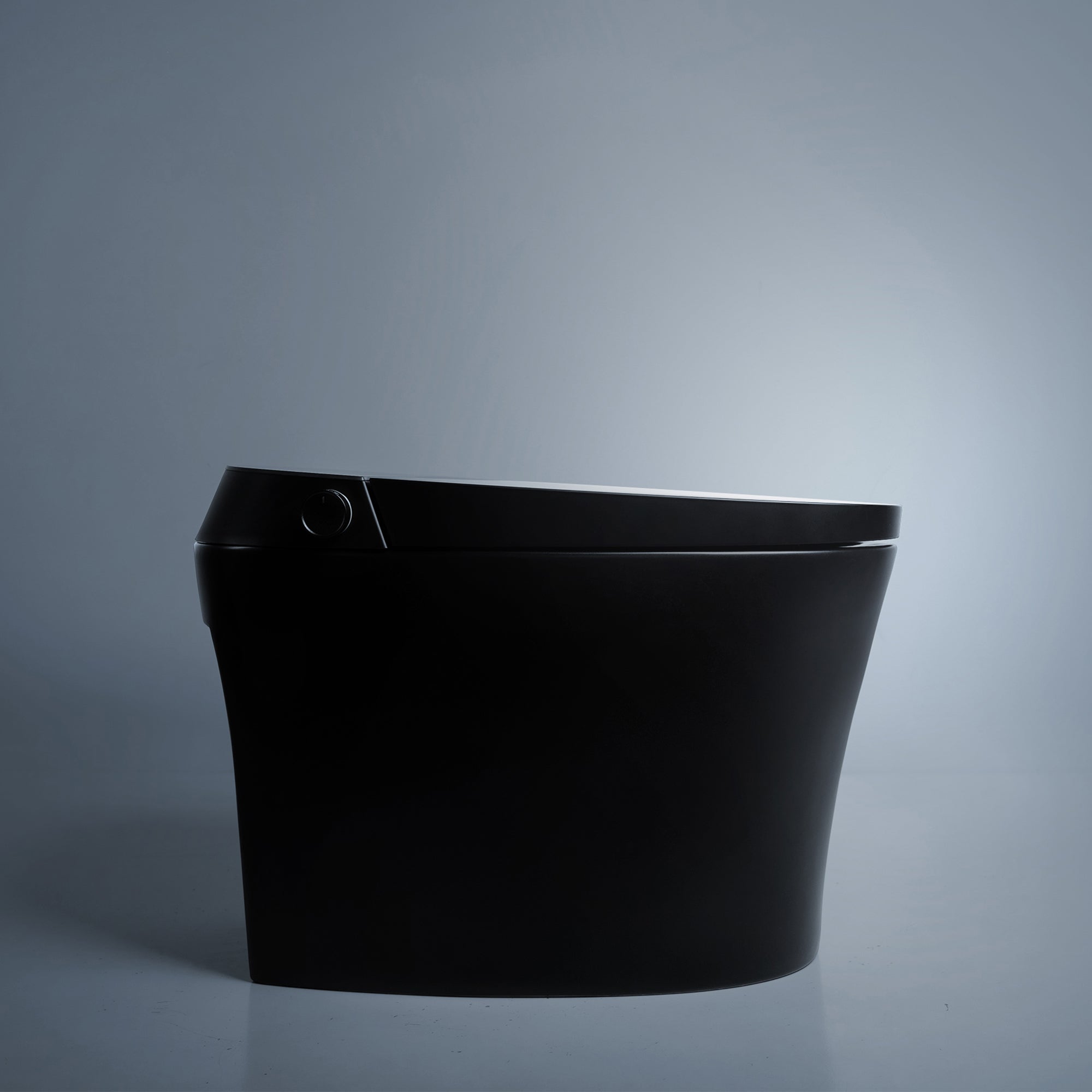 Side profile of Alia Smart Toilet in matte black, featured with integrated bidet and wireless controls, suitable for designer bathrooms.
