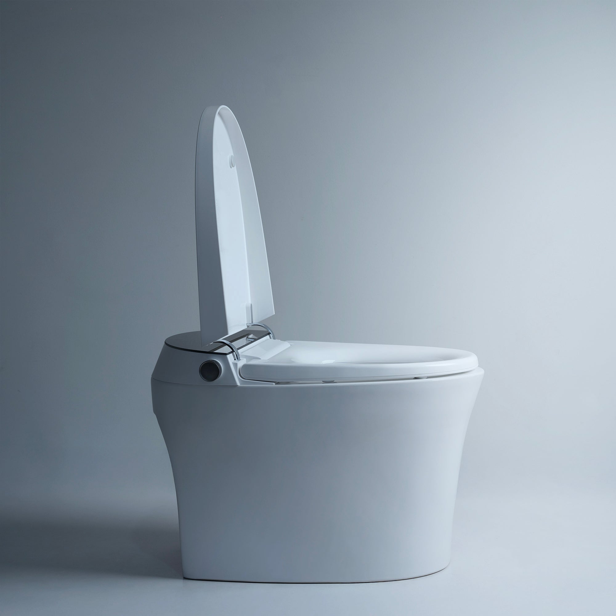 White Alia Smart Toilet with lid open, integrated bidet functionality and intuitive electronic controls, ideal for contemporary bathrooms seeking smart toilet solutions.