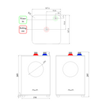 Technical drawing and specifications of the Alia Global Bollente 2.4L boiling appliance, showing precise dimensions and measurements for installation and planning. Ideal for users seeking detailed product dimensions for kitchen boiling water appliances.