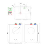 Technical drawing and specifications of the Alia Global Bollente 2.4L boiling appliance, showing precise dimensions and measurements for installation and planning. Ideal for users seeking detailed product dimensions for kitchen boiling water appliances.