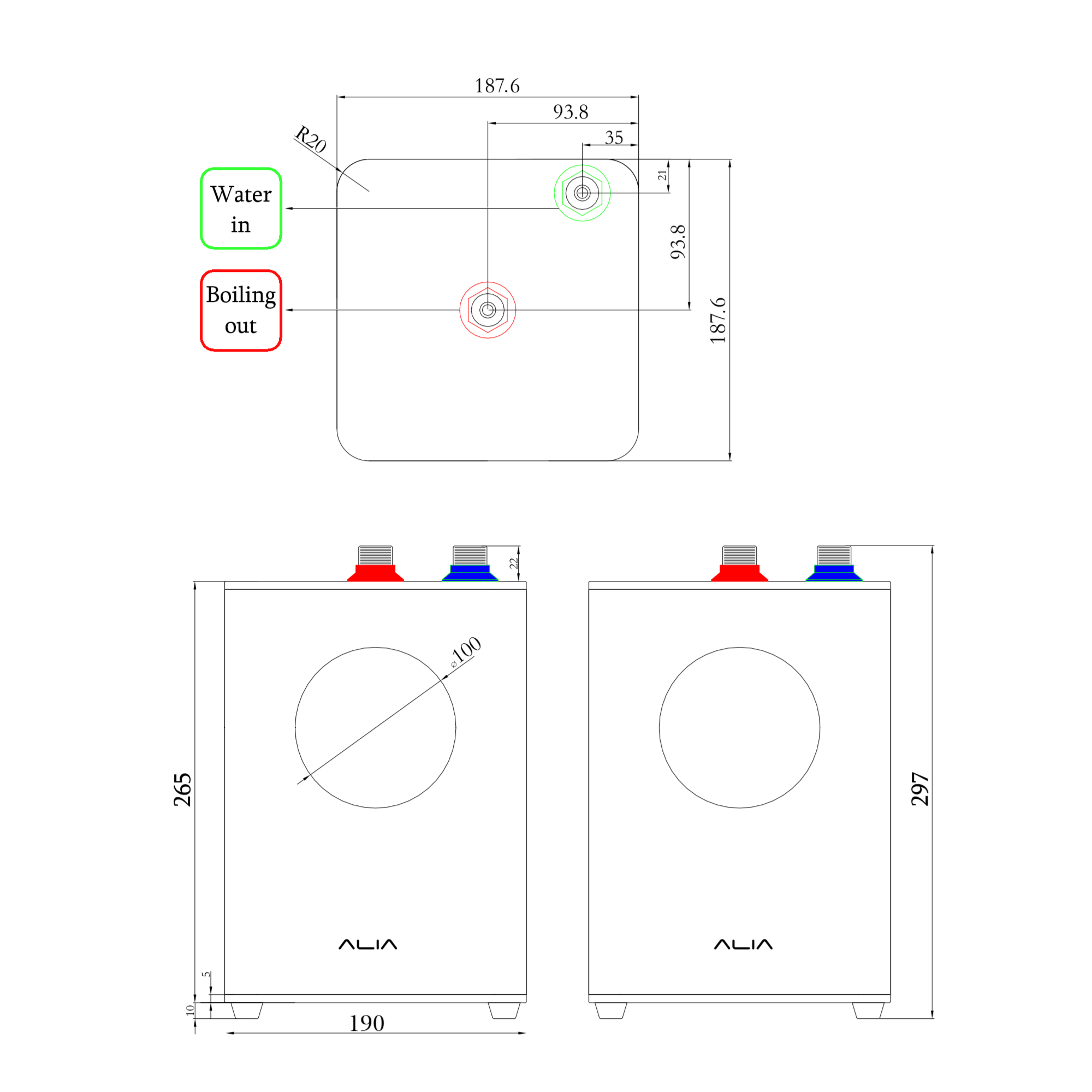 Technical drawing and specifications of the Alia Global Bollente 2.4L boiling appliance, showing precise dimensions and measurements for installation and planning. Ideal for users seeking detailed product dimensions for kitchen boiling water appliances.