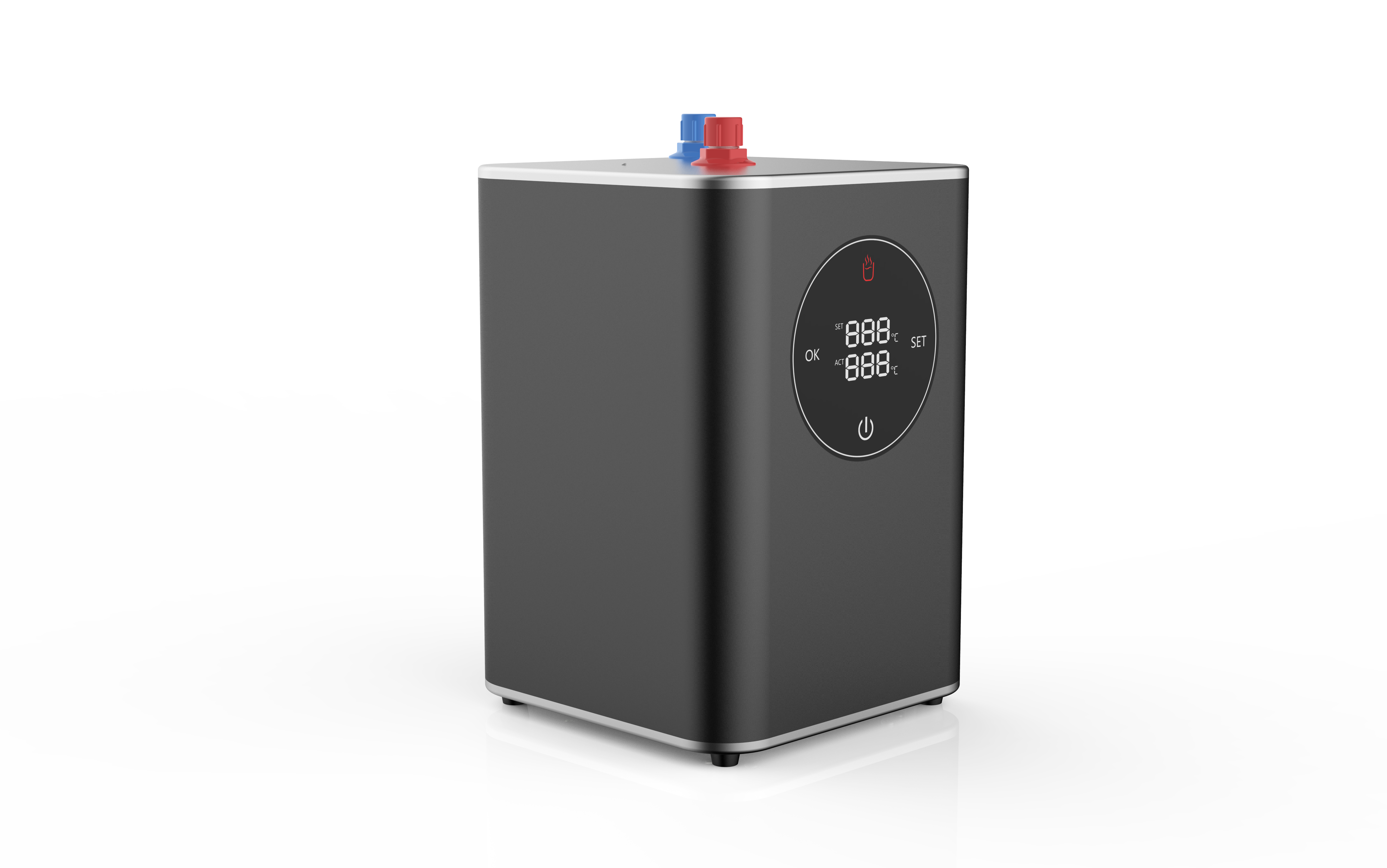 Side 3D view drawing of the Bollente 2.4L boiling appliance hot water dispenser from Alia Global, showing detailed dimensions and features for instant boiling water systems.