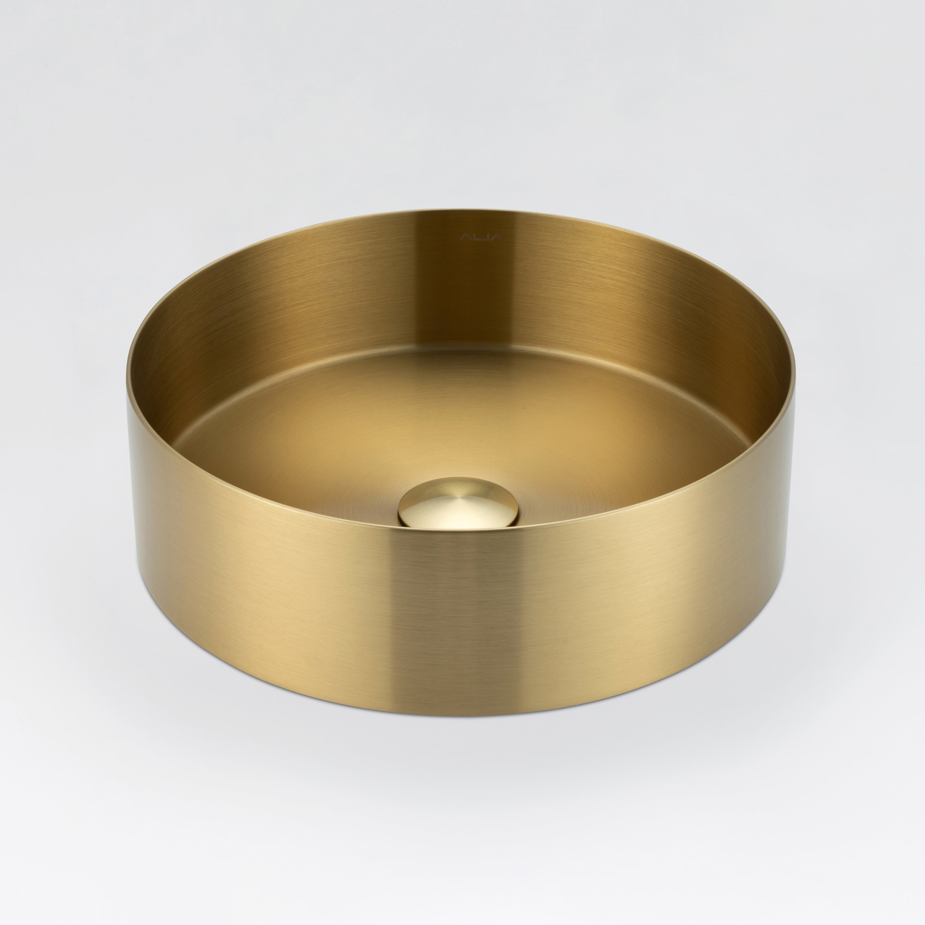 Brushed gold above-counter basin from ALIA offers a sleek, contemporary look with durable stainless steel construction.