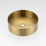 ALIA brushed gold round stainless steel basin designed for premium, space-saving bathroom vanities with a modern aesthetic.
