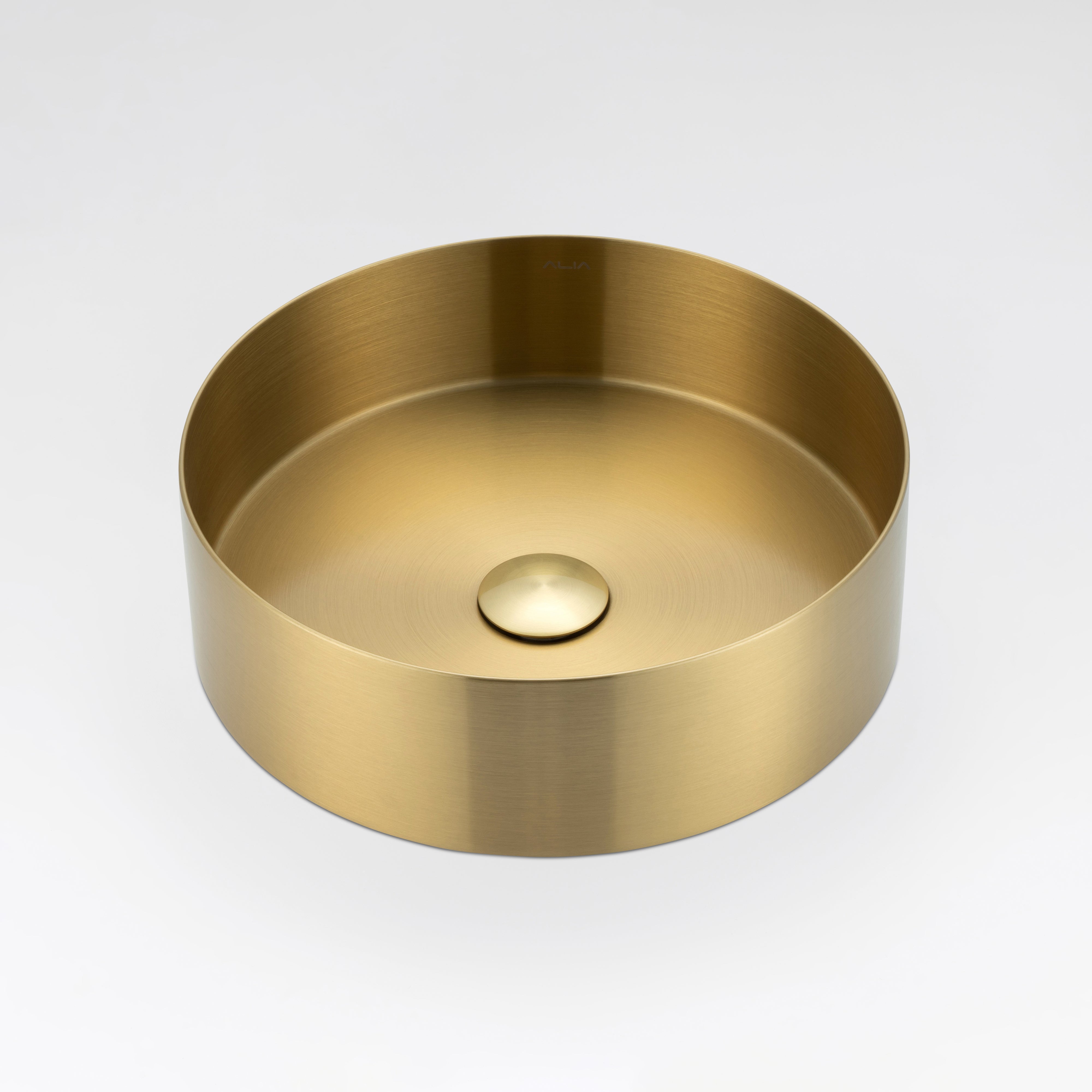 ALIA brushed gold round stainless steel basin designed for premium, space-saving bathroom vanities with a modern aesthetic.