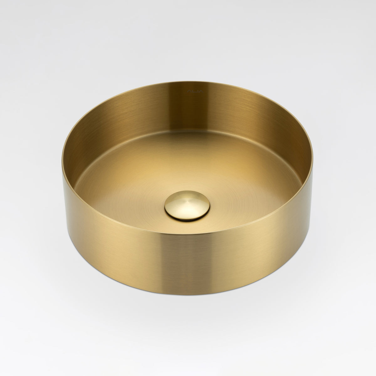 ALIA brushed gold round stainless steel basin designed for premium, space-saving bathroom vanities with a modern aesthetic.