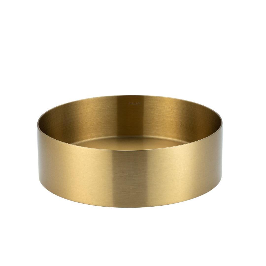 Brushed gold round stainless steel bathroom basin by ALIA, providing an elegant touch to luxury bathroom sinks and above-counter vanities.
