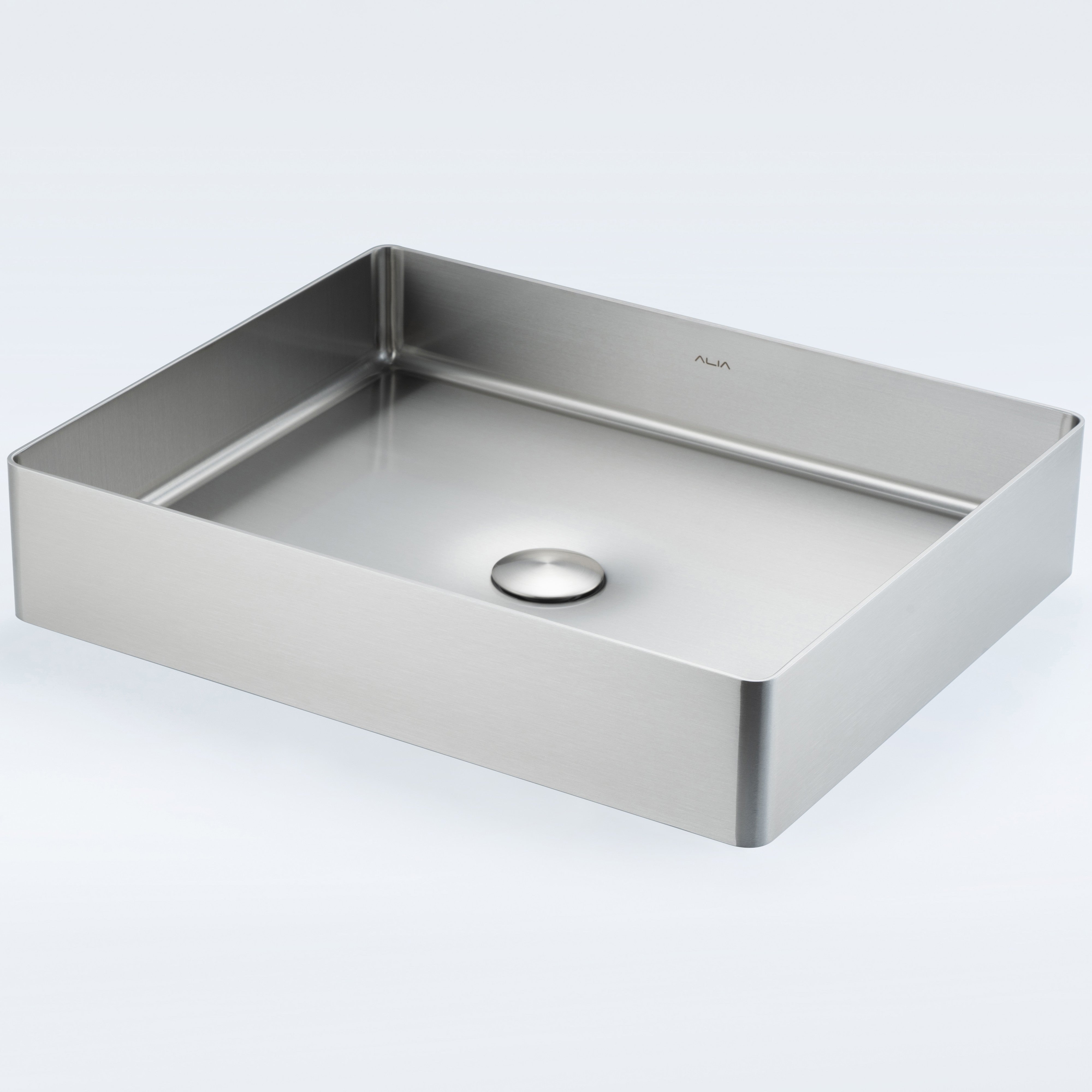 Premium rectangular brushed silver basin with above-counter installation, crafted from high-grade stainless steel for durable bathroom sinks.