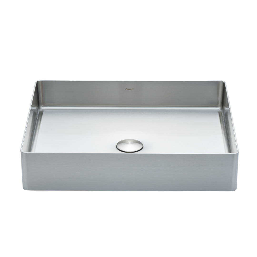 Premium rectangular brushed silver basin with above-counter installation, crafted from high-grade stainless steel for durable bathroom sinks.