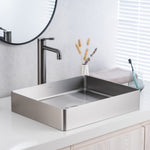 ALIA brushed silver bathroom basin in a sleek rectangular shape, offering a corrosion-resistant, easy-to-clean surface ideal for residential or commercial bathrooms.