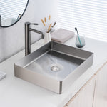 ALIA brushed silver bathroom basin in a sleek rectangular shape, offering a corrosion-resistant, easy-to-clean surface ideal for residential or commercial bathrooms.