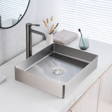 ALIA brushed silver bathroom basin in a sleek rectangular shape, offering a corrosion-resistant, easy-to-clean surface ideal for residential or commercial bathrooms.