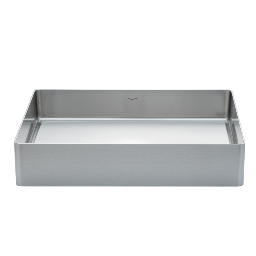 Brushed silver rectangular stainless steel bathroom basin by ALIA, showcasing a modern design perfect for contemporary bathrooms and hygienic spaces.