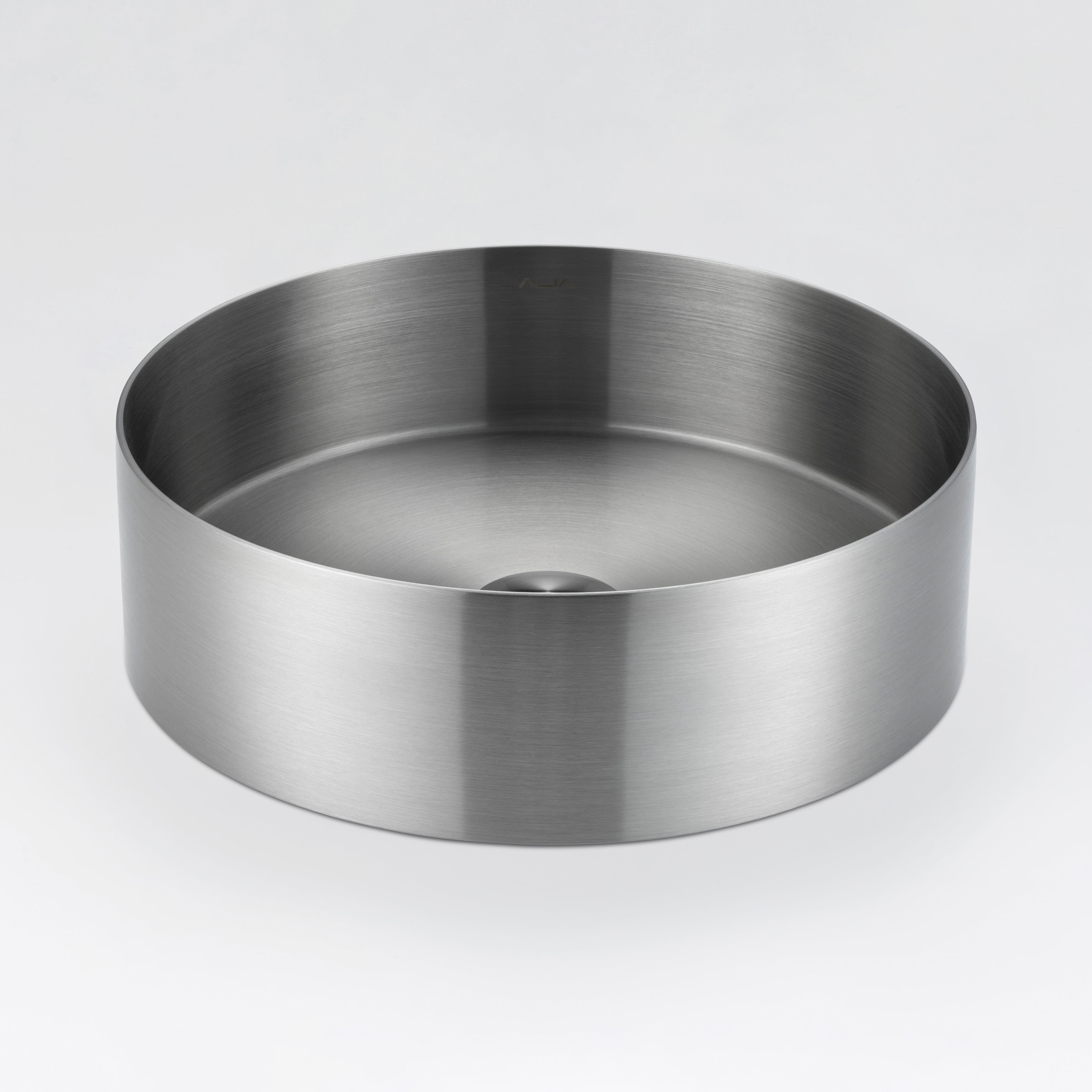 Brushed silver round stainless steel basin by ALIA, combining modern aesthetics with durable craftsmanship.