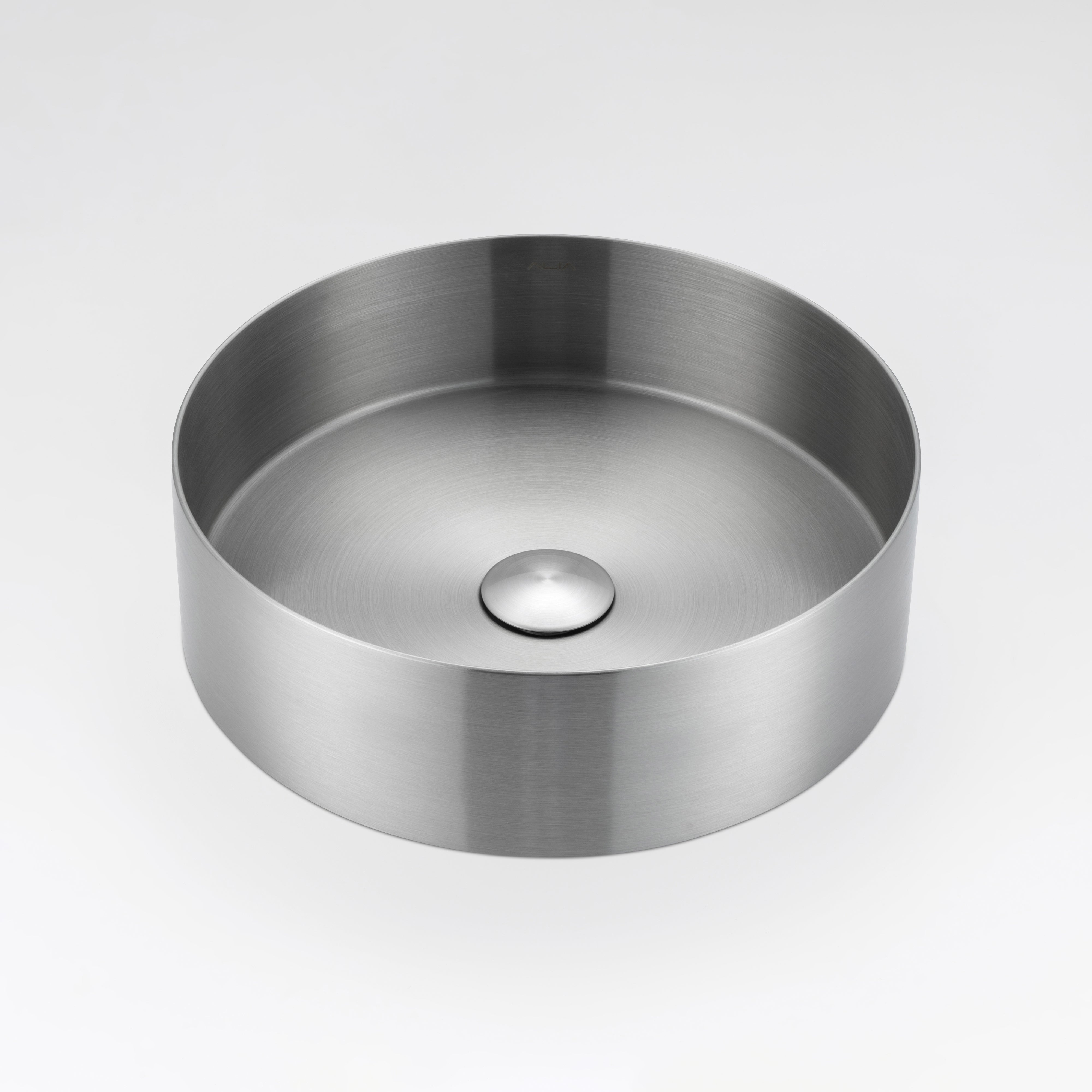 ALIA brushed silver round stainless steel bathroom basin designed for sleek, contemporary interiors.