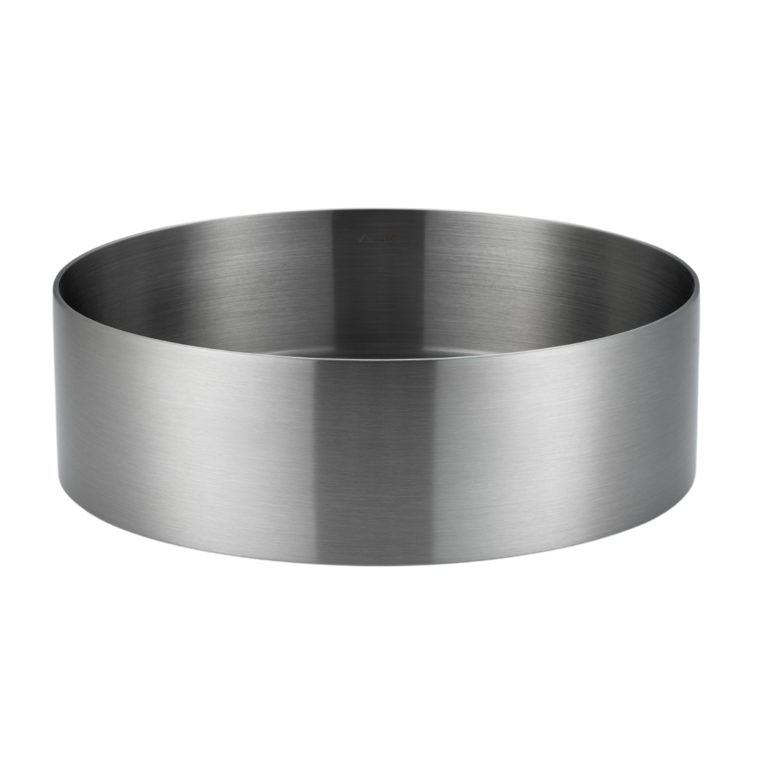 Brushed silver round stainless steel bathroom basin by ALIA, combining minimalist style and durability for modern bathroom sinks.