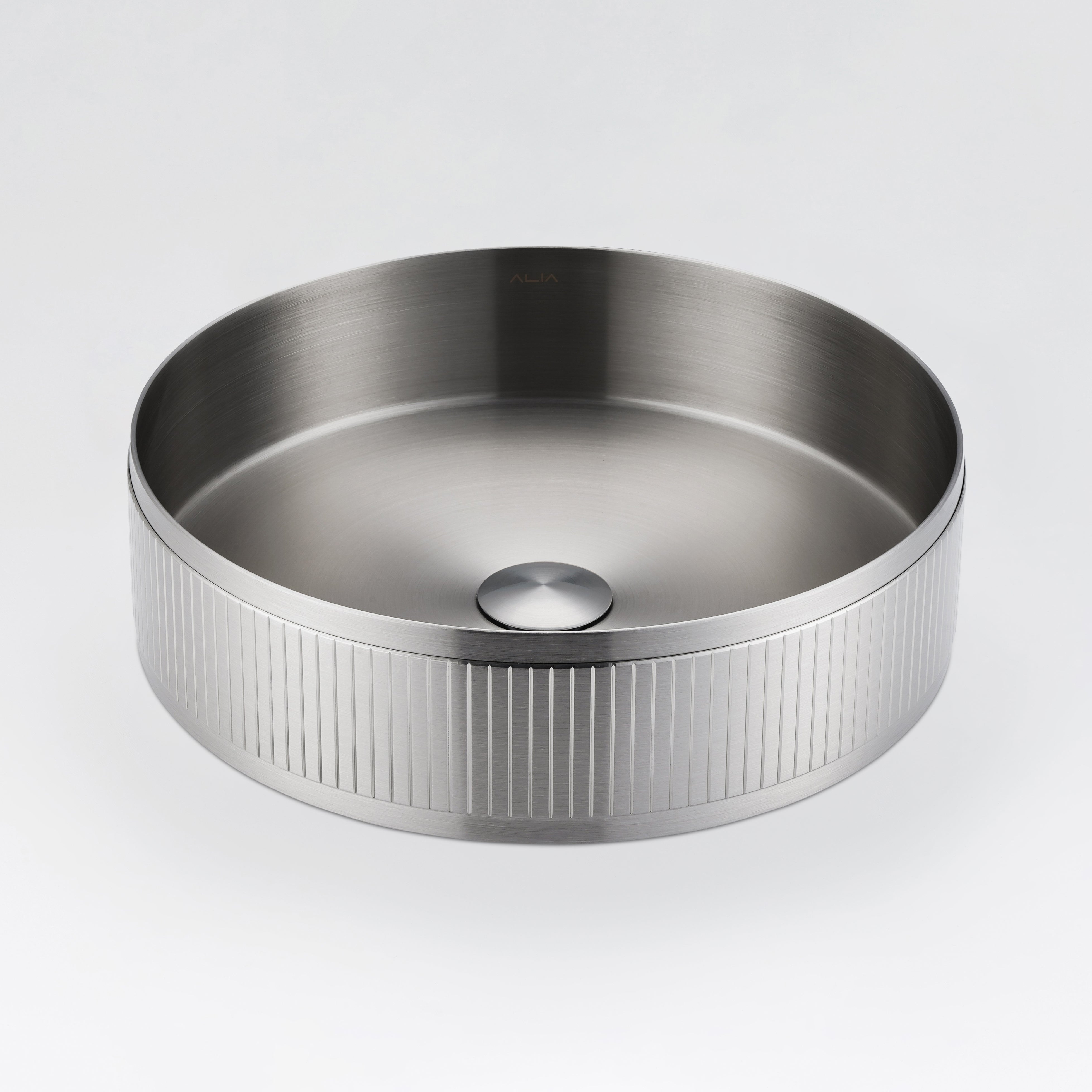 ALIA textured brushed silver round sink featuring a refined texture for modern above-counter vanities.