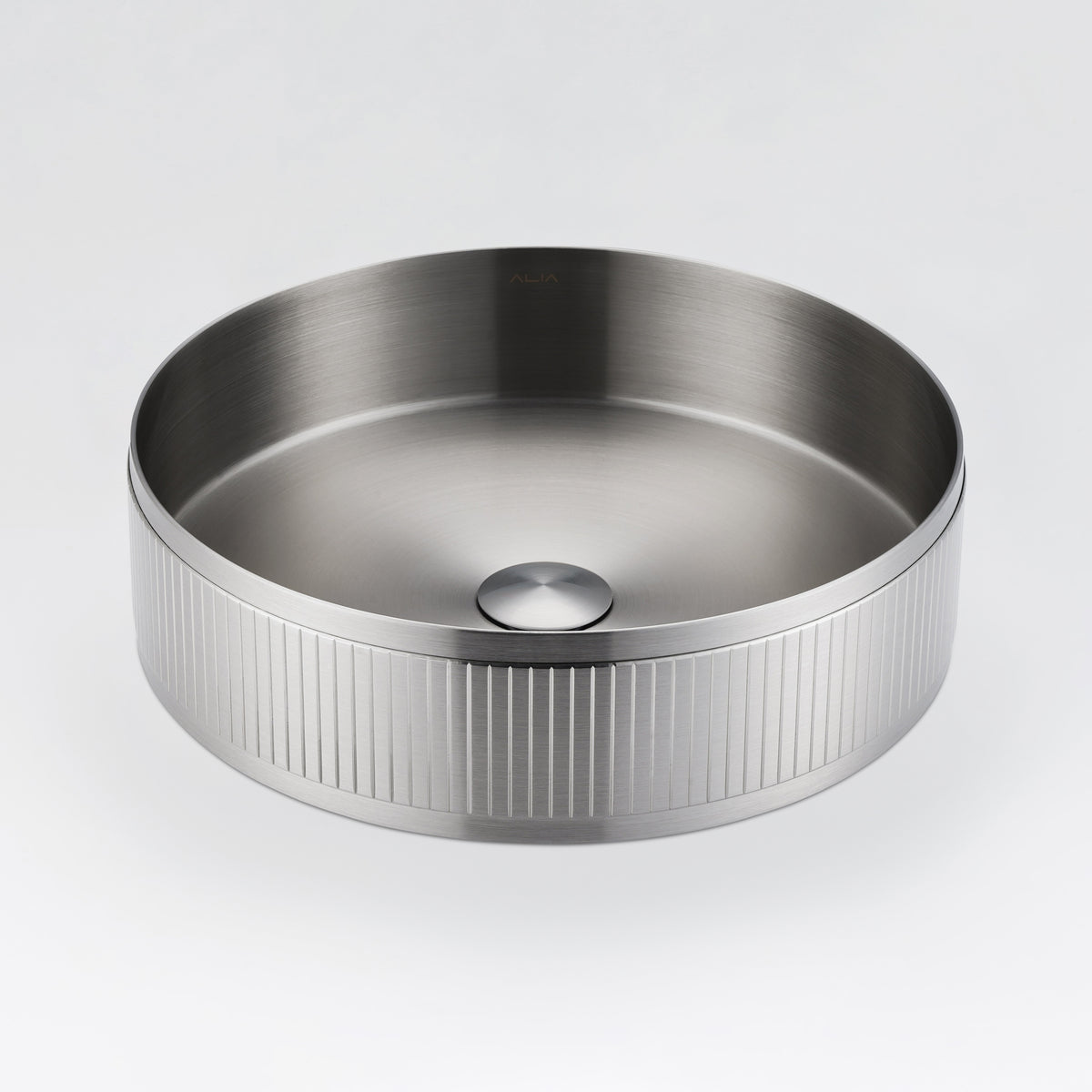 ALIA textured brushed silver round sink featuring a refined texture for modern above-counter vanities.